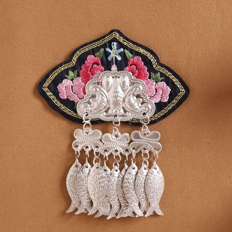Pastel flower embroidery applique, full set of long silver tassel pendants, sewing accessory