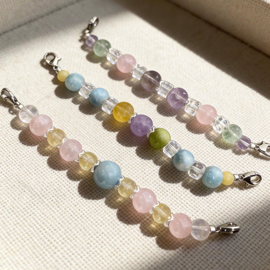 Soft pastel multicolor natural stone detachable bead chains for pet collars flat lay | DIY Jade