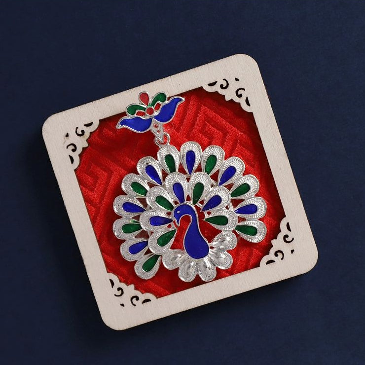 Diamond wood frame fridge magnet, peacock motif inlay