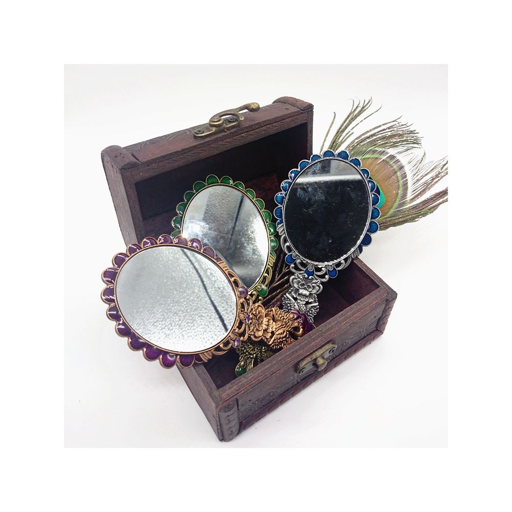 Peacock hand mirror set with wooden storage box