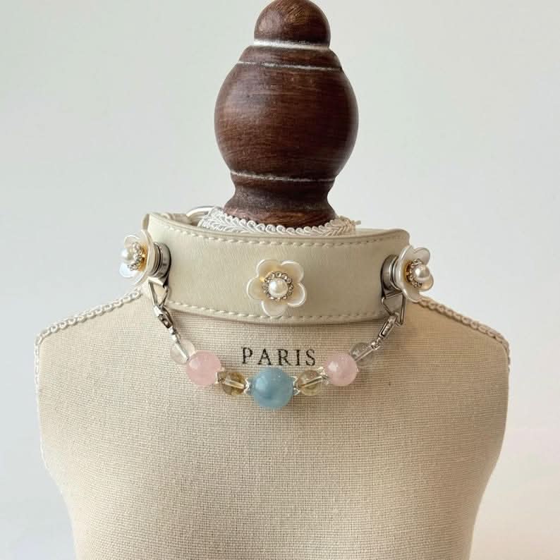 Pearl daisy flower crystal pet collar with magnetic charm and beaded chain on mannequin bust | DIYJade