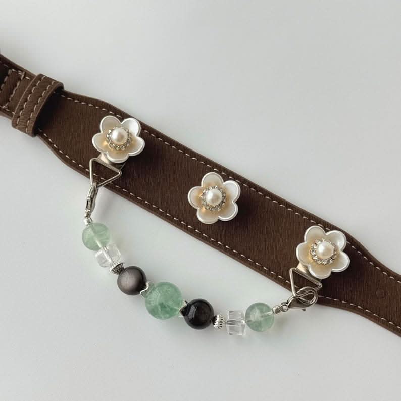 Pearl flower brown leather pet collar flat lay showing strap, buckle and beaded chain detail | DIYJade