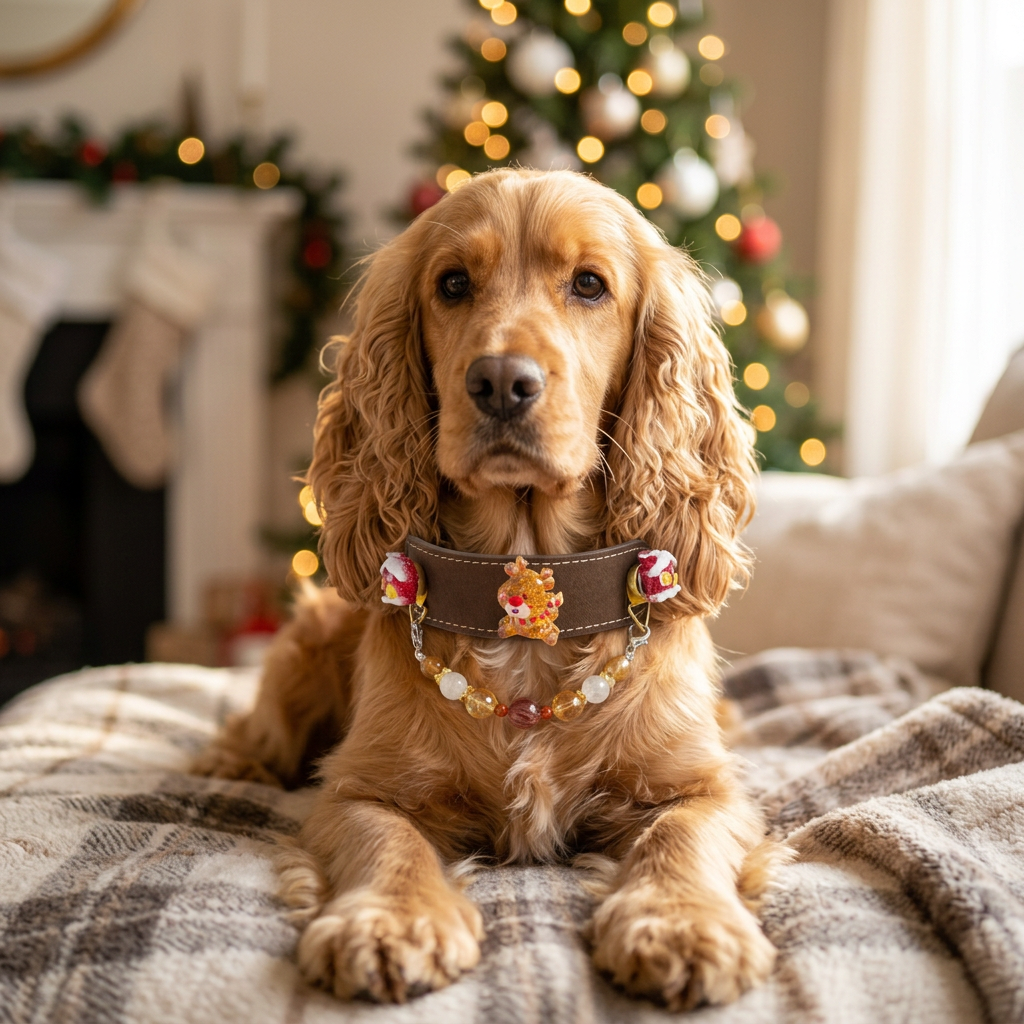 Pet collar, Brown leather Christmas dog collar with reindeer charm and amber bead chain, worn by cute cocker spaniel in festive Christmas home scene |DIY Jade