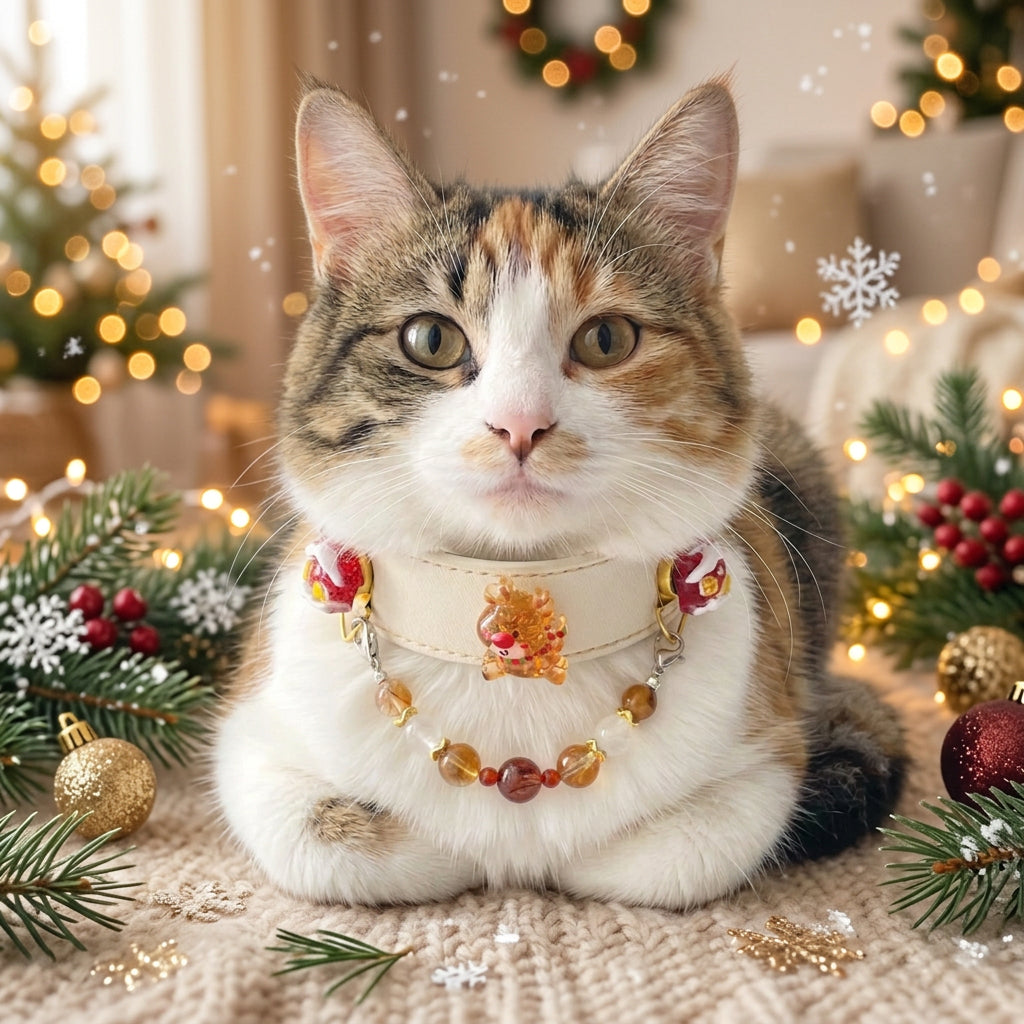 Pet collar, Cream leather Christmas pet collar with reindeer charm and amber bead chain, worn by cute tabby cat in festive Christmas home scene |DIY Jade