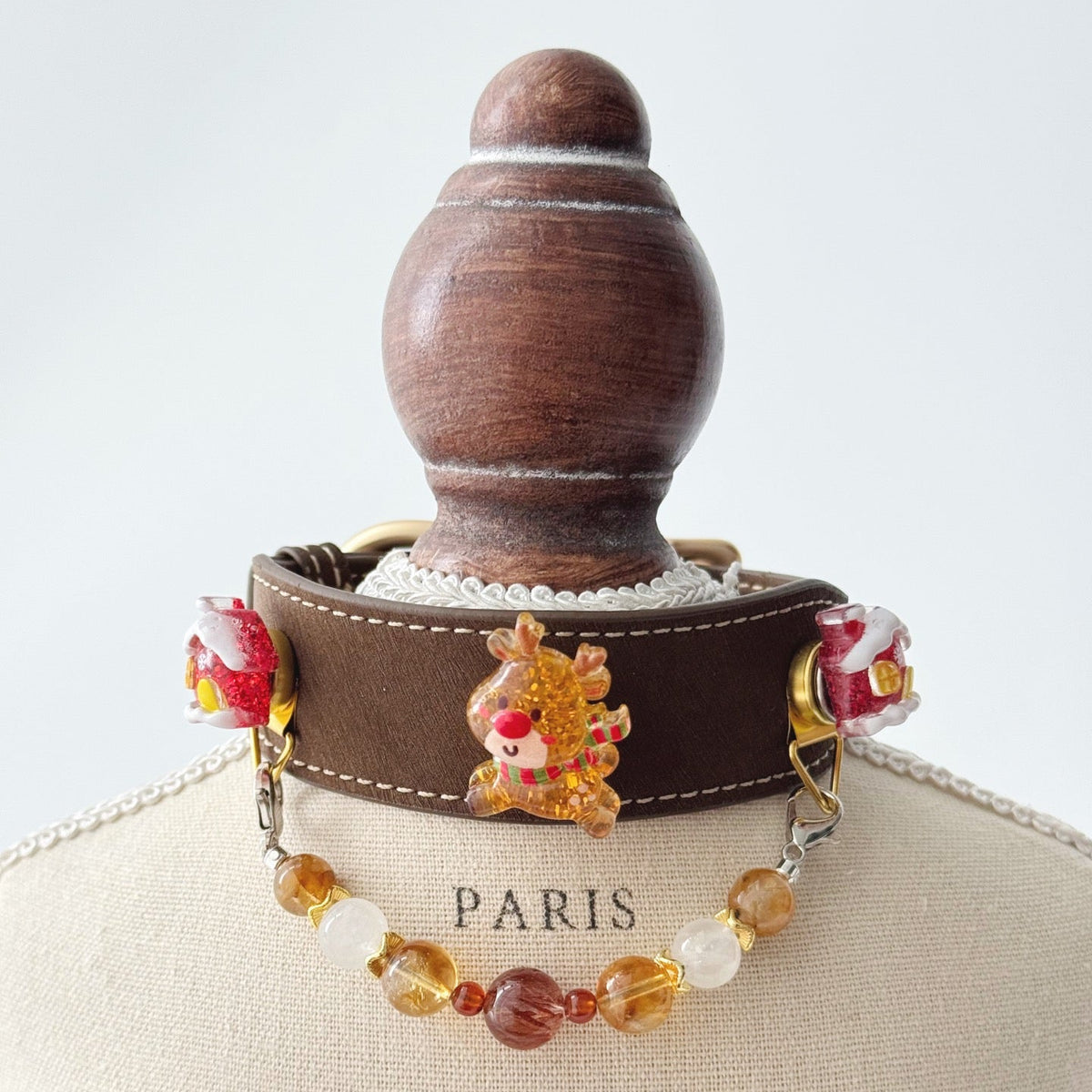 Pet collar, Handmade Brown Leather Dog Collar with Christmas Reindeer & Amber Bead Chain, Front View |DIY Jade