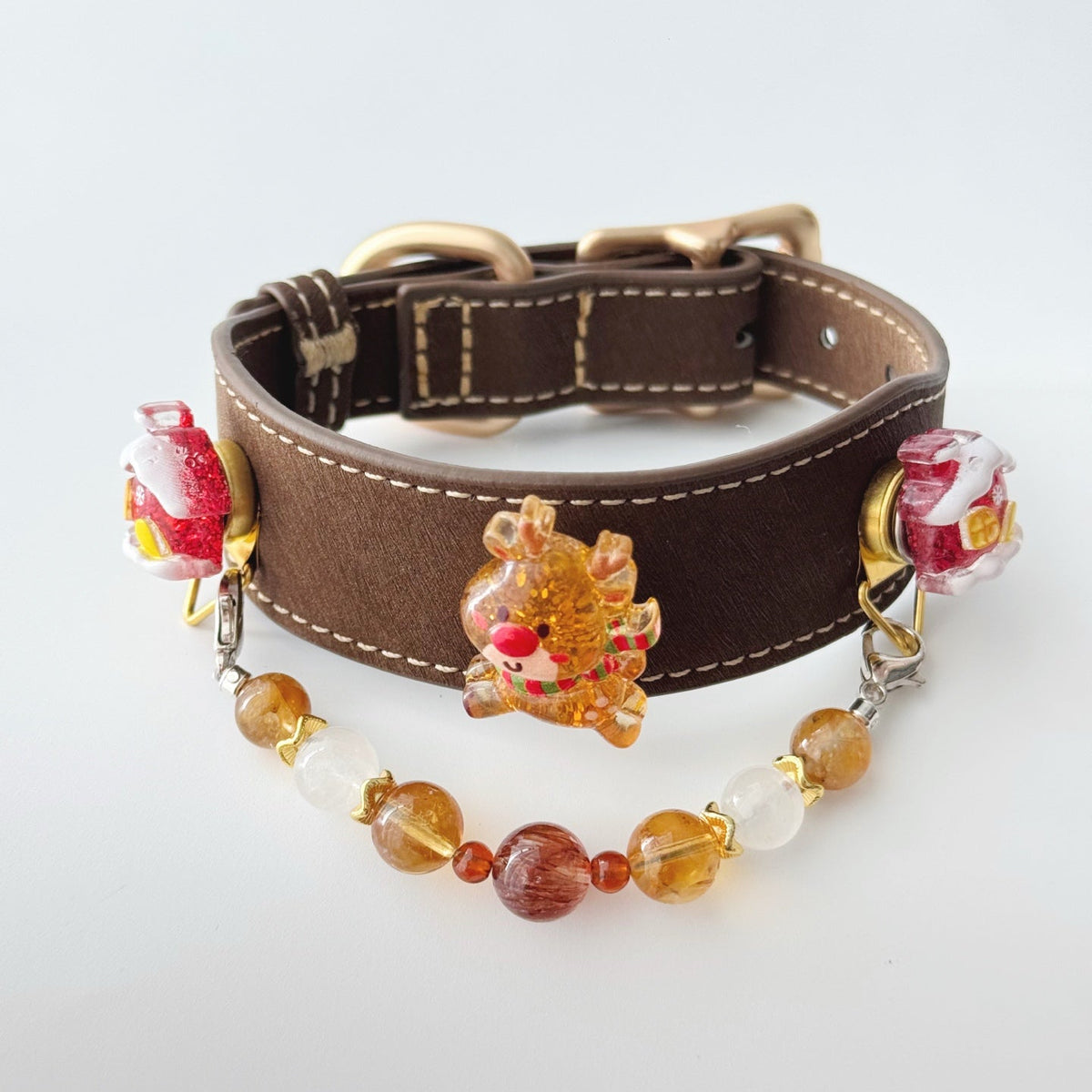 Pet collar, Handcrafted Christmas Reindeer Pet Collar with Beaded Pendant, Top Shot |DIY Jade