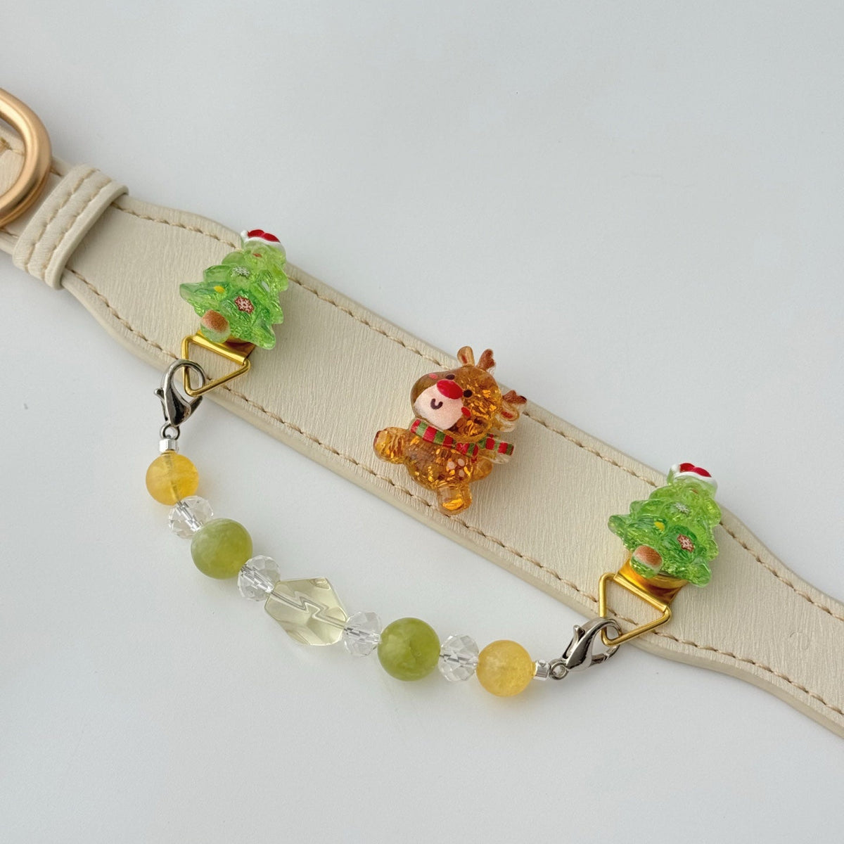 Pet collar, Close-up of cream leather Christmas dog necklace, reindeer tree charms and beaded chain detail |DIY Jade