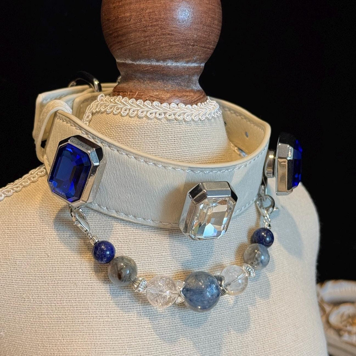 Blue white crystal pet collar on display stand — with kyanite bead charm|DIYJade