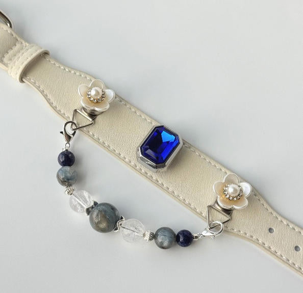 Blue white gemstone pet collar flat lay — strap only, no charm attached|DIYJade