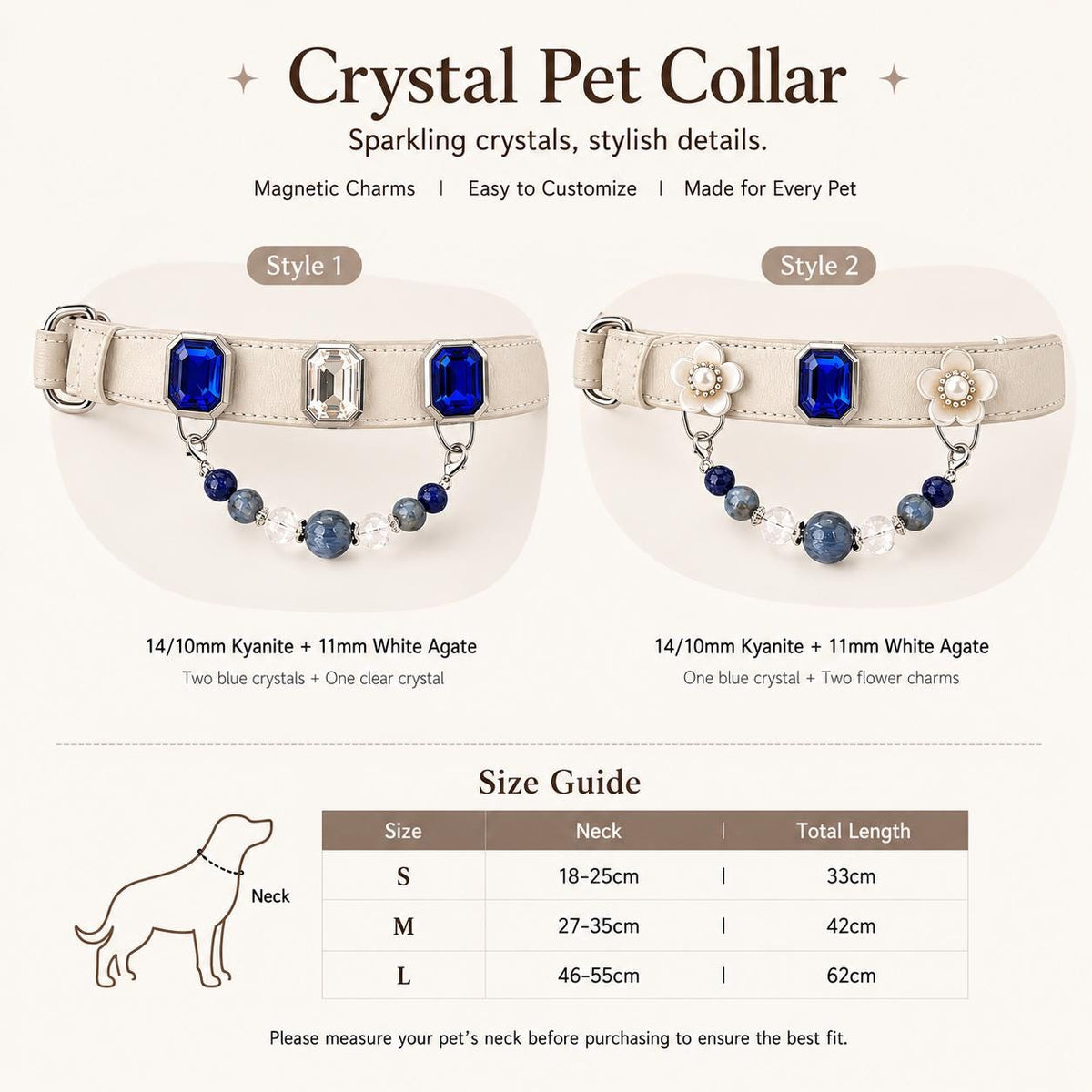Crystal pet collar product info card — two styles comparison and size guide|DIYJade