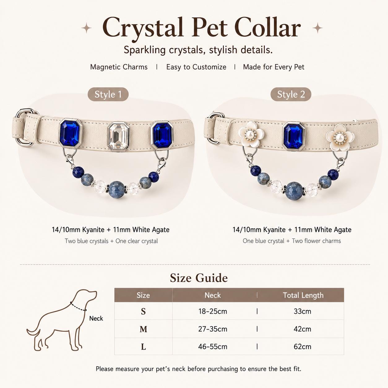 Crystal pet collar product info card — two styles comparison and size guide|DIYJade