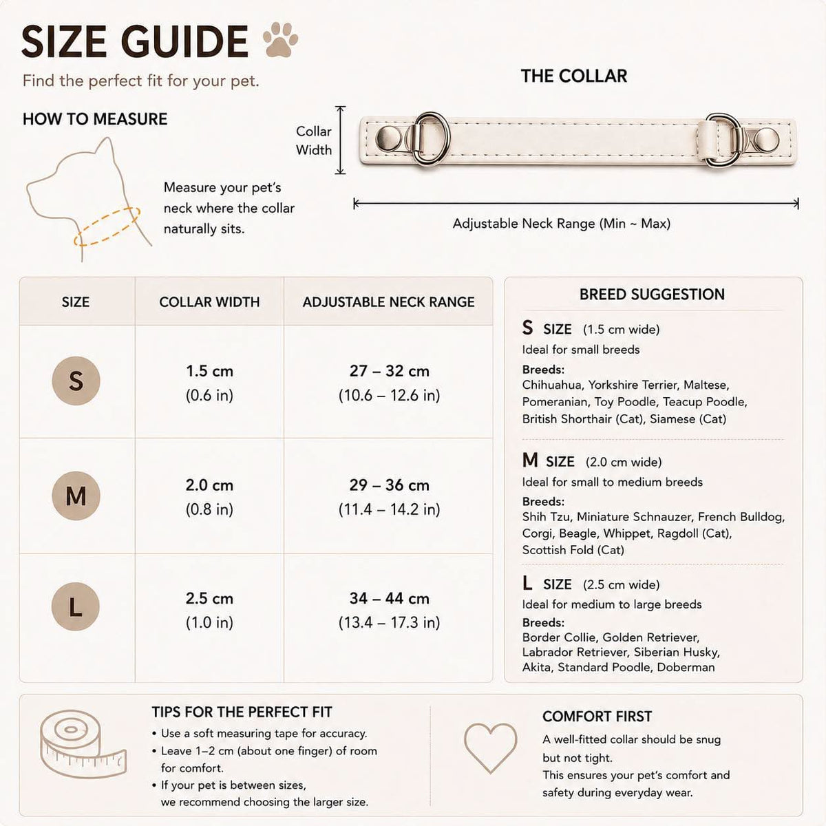 Pet collar size guide infographic with size data and fitting instructions | DIY Jade