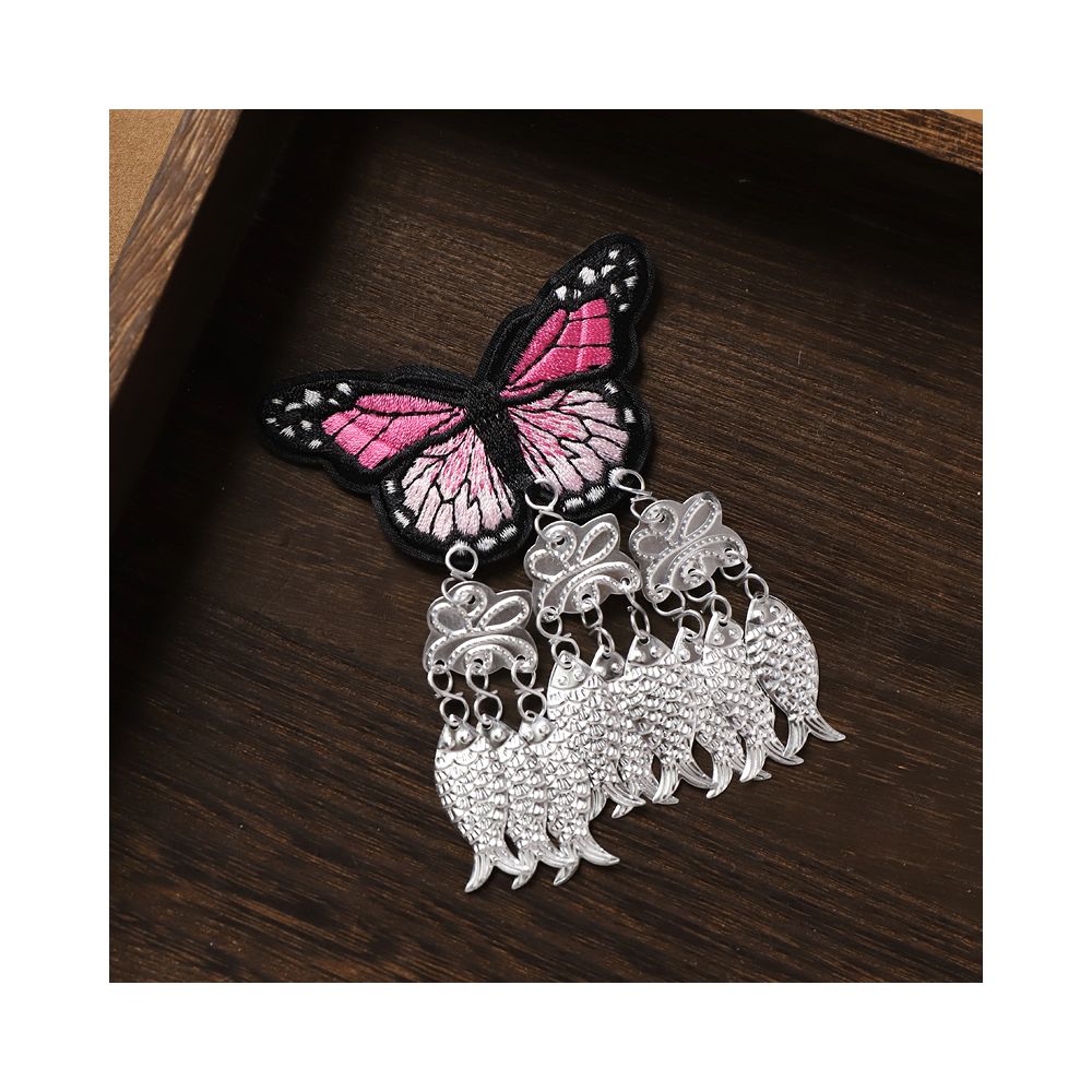 Pink butterfly earrings with boho silver fish pendants