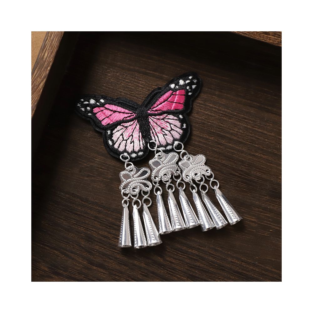 Pink butterfly earrings with silver tassel fringe