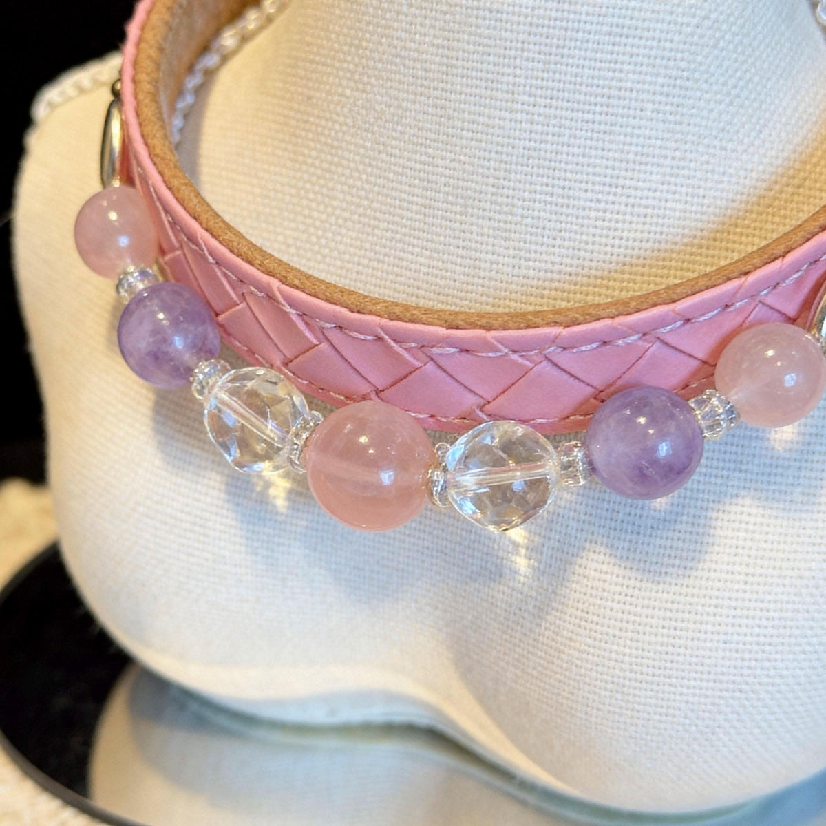 Close‑up view of pink leather pet collar showcasing beaded chain ornament | DIY Jade