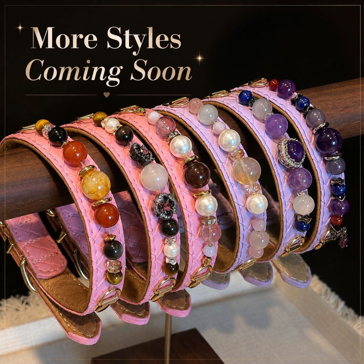 Handmade pink and purple gemstone pet collars display new styles preview banner | DIY Jade