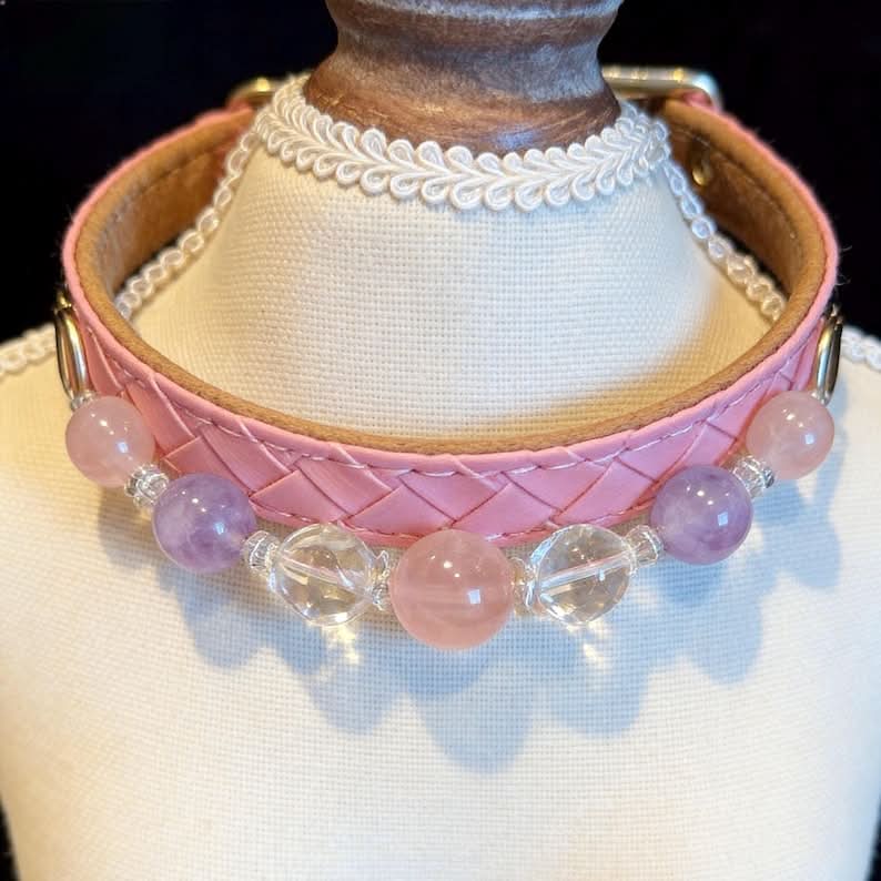 Pink woven faux‑leather pet collar with pink‑purple bead drape on display bust | DIY Jade