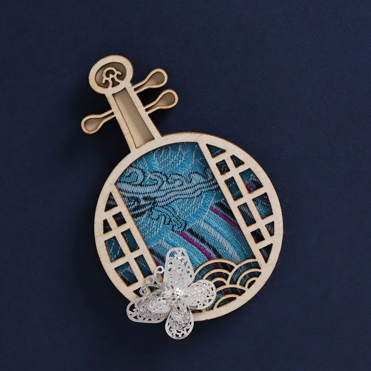  pipa lute shaped fridge magnet, hollow wood frame with Miao‑style silver decor