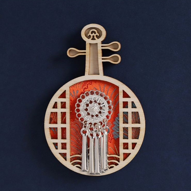 Red pipa‑shaped fridge magnet, printed ethnic pattern with Miao silver hanging tassel