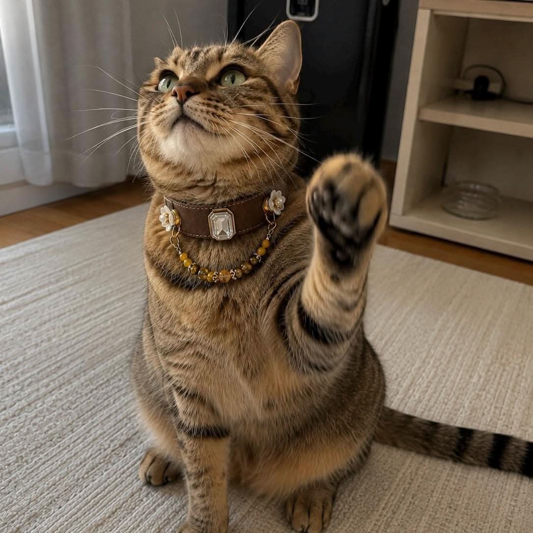Tabby cat raising paw while wearing handmade crystal jade pet collar | DIY Jade