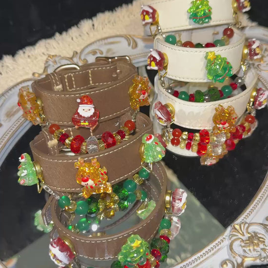 Pet collar, Handmade Christmas themed pet collar collection display video, Santa, Christmas tree & reindeer charms with colorful beaded chain, brown and cream leather dog & cat collars |DIY Jade