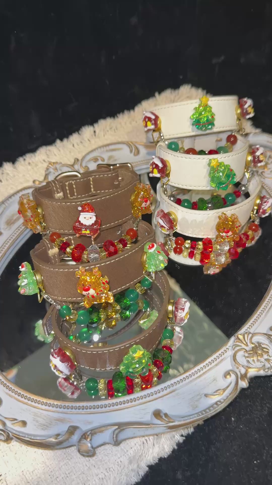 Pet collar, Handmade Christmas themed pet collar collection display video, Santa, Christmas tree & reindeer charms with colorful beaded chain, brown and cream leather dog & cat collars |DIY Jade