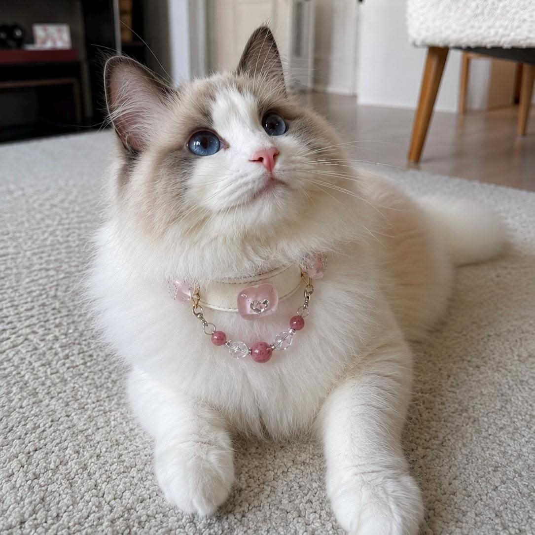 Pretty Ragdoll cat posing indoors with pink heart jade bead pet collar | DIY Jade