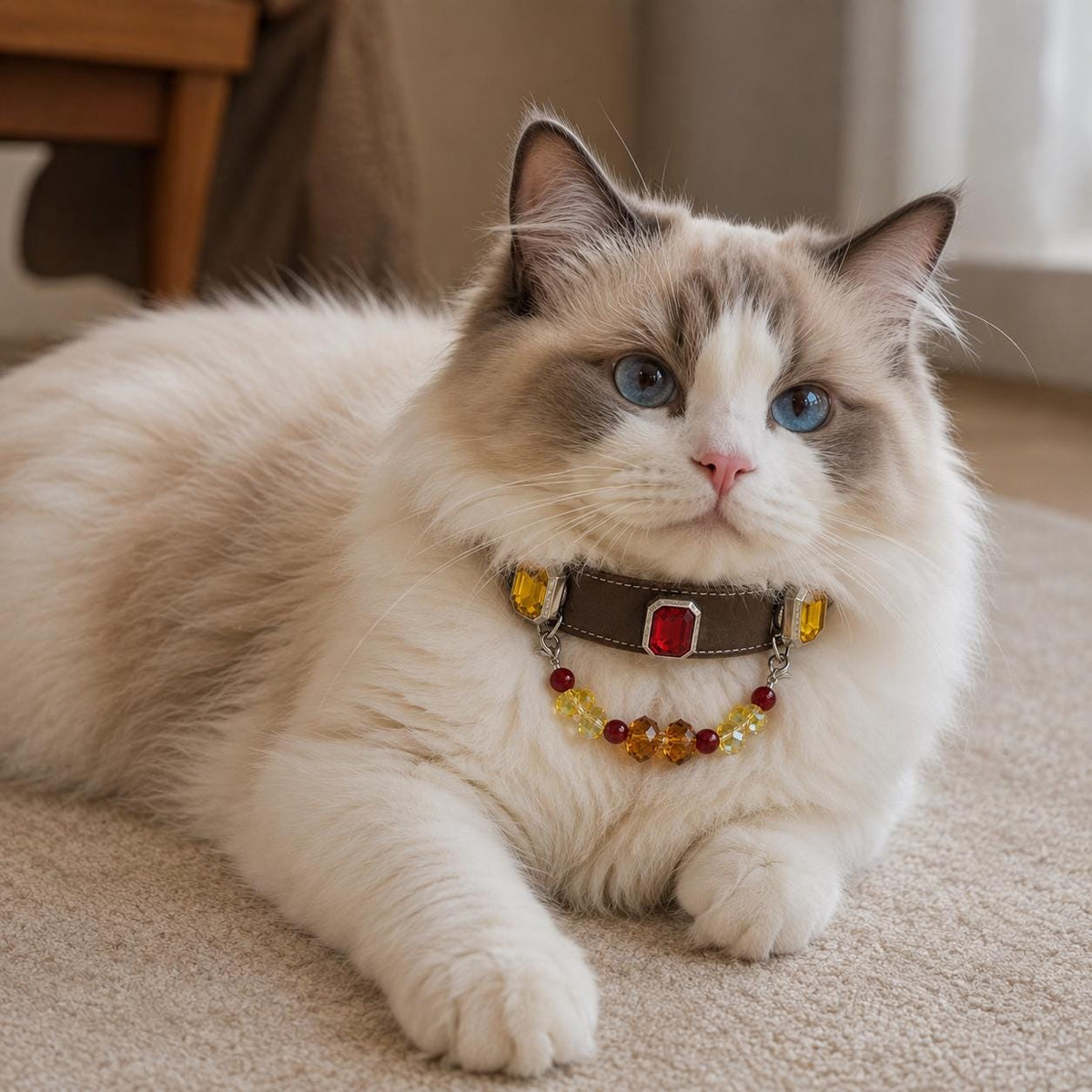 Ragdoll cat lying down in a vintage crystal pet collar|DIYJade