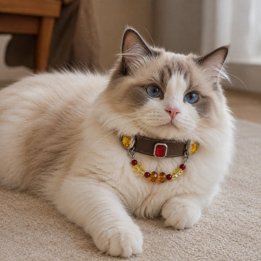 Ragdoll cat lying down in a vintage crystal pet collar|DIYJade