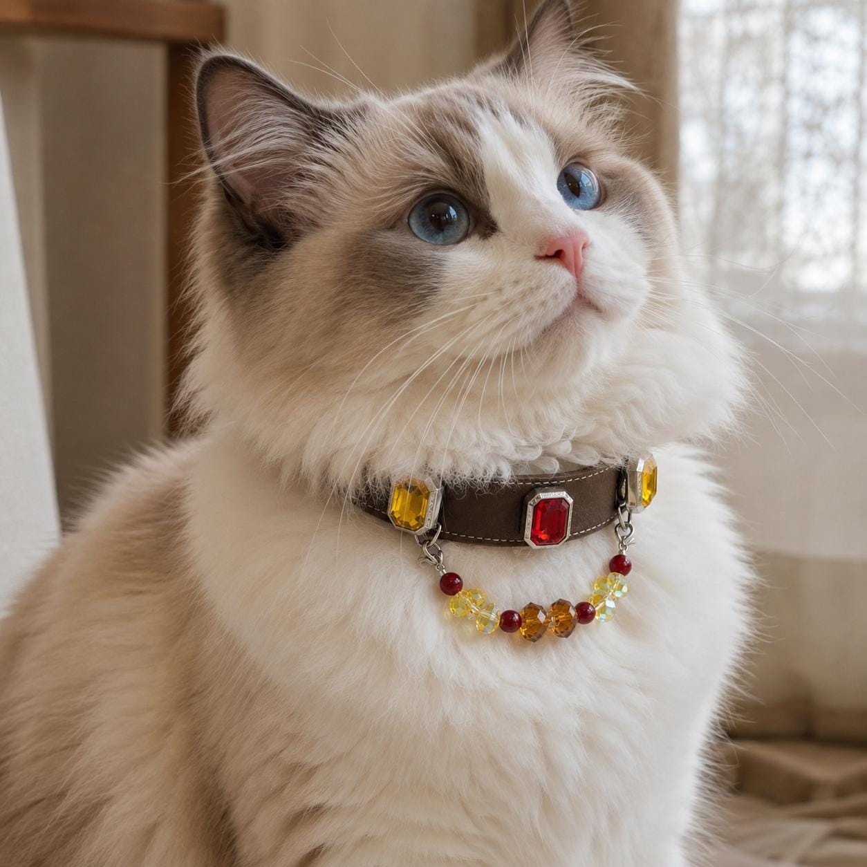 Side profile of a ragdoll cat in a faux leather gemstone collar|DIYJade