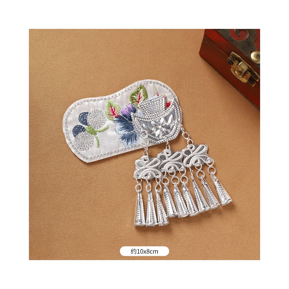Rectangle embroidered silver tassel brooch