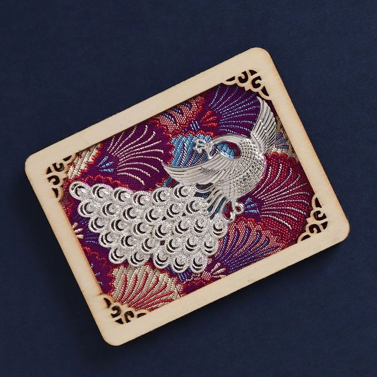 Rectangle wood fridge magnet, peacock Song brocade print, Miao ethnic handicraft