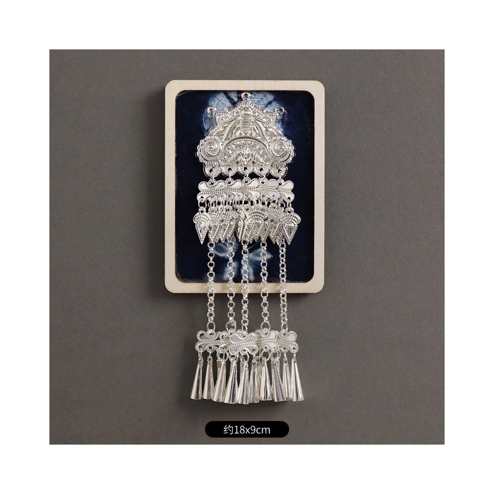 Rectangle ethnic silver brooch with tassels