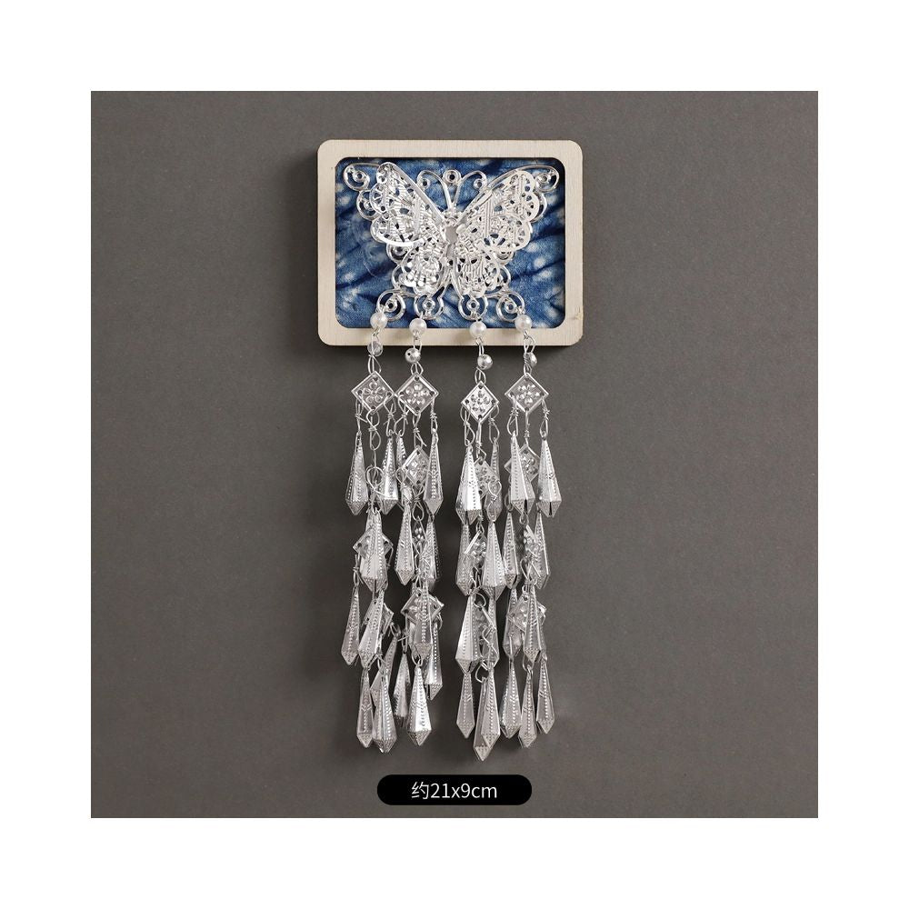 Rectangle silver brooch with multiple tassels