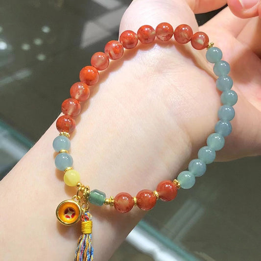 Red agate bracelet with blue stone and tassel charm | DIY Jade