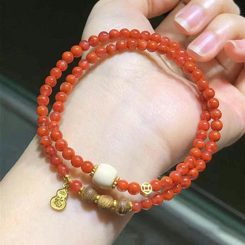 Triple strand red agate bracelet with gold gourd charm | DIY Jade