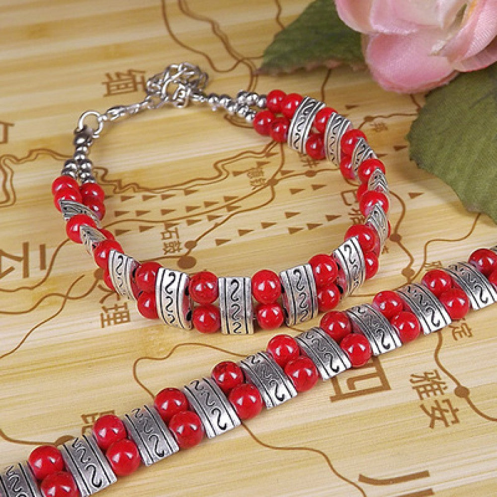 Ethnic red bead cylinder silver beaded bracelet | DIY Jade
