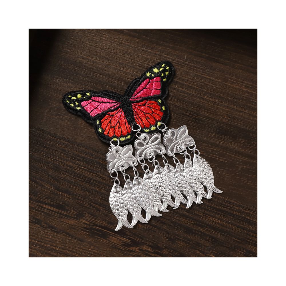 Red butterfly embroidered earrings with silver fish tassels