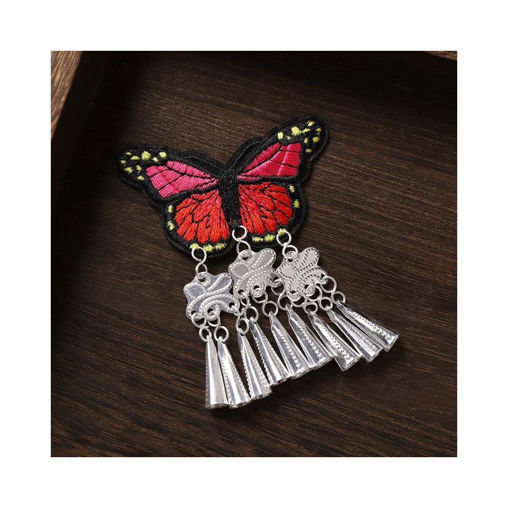 Red butterfly embroidered earrings with silver tassel fringe