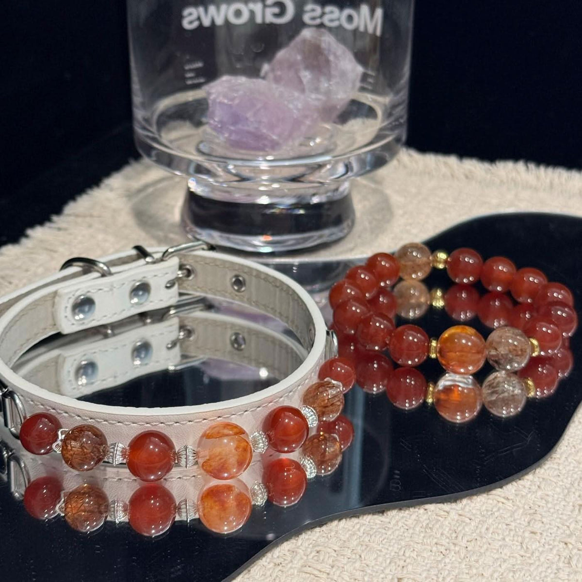Red agate matching pet collar‑bracelet set displayed with crystal glass decor | DIY Jade