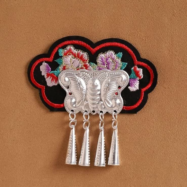 Red trim ethnic patch, mixed flower embroidery with hanging silver tassel ornaments