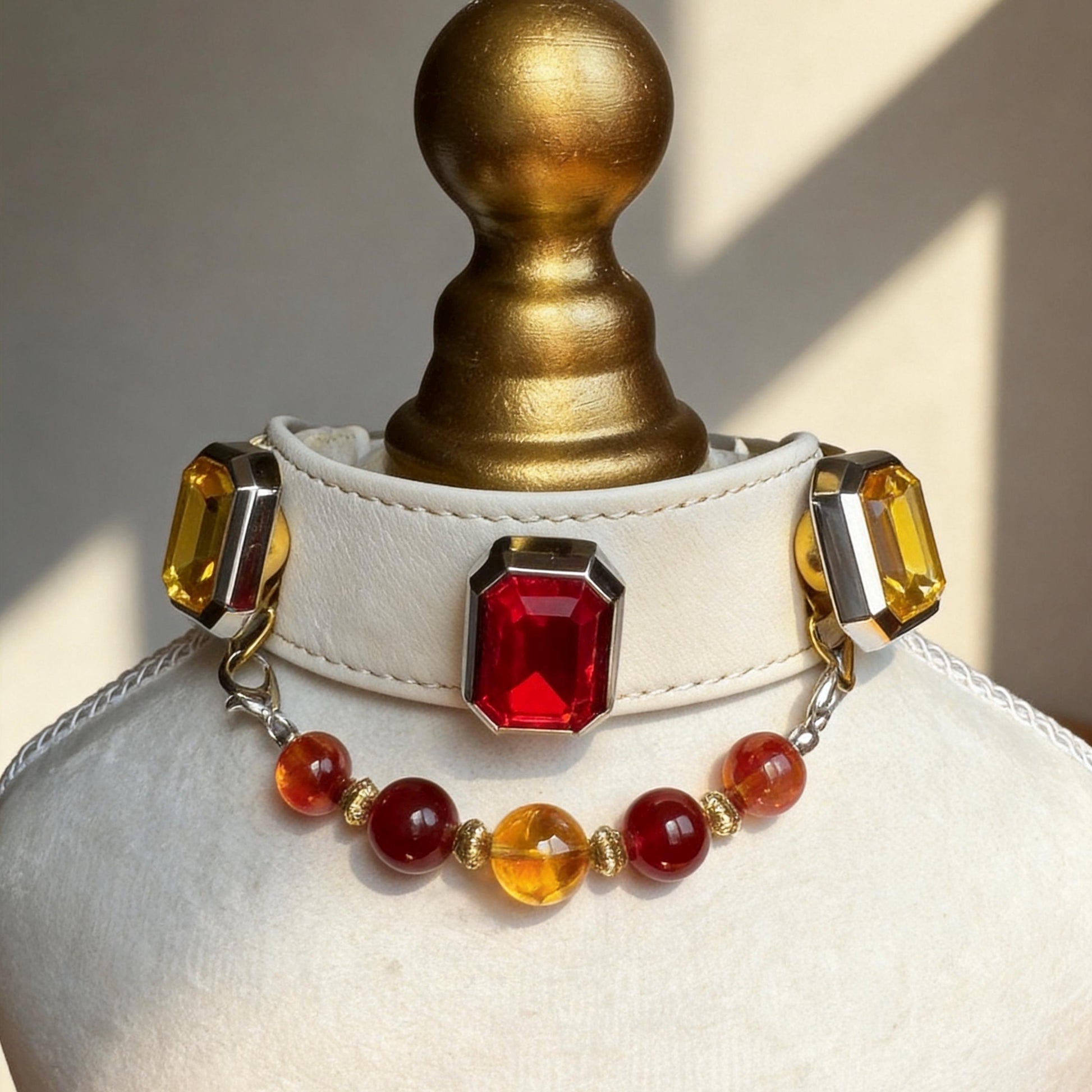 Front view of red gemstone amber bead cat collar with gold-tone hardware | DIYJade