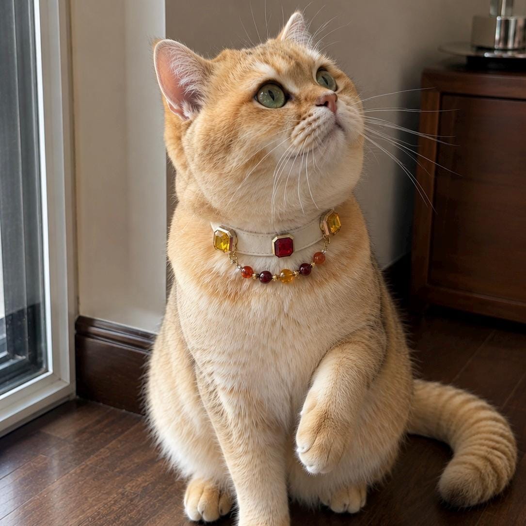 Orange tabby cat wearing a red gemstone and amber bead collar, vintage pet jewelry style | DIYJade
