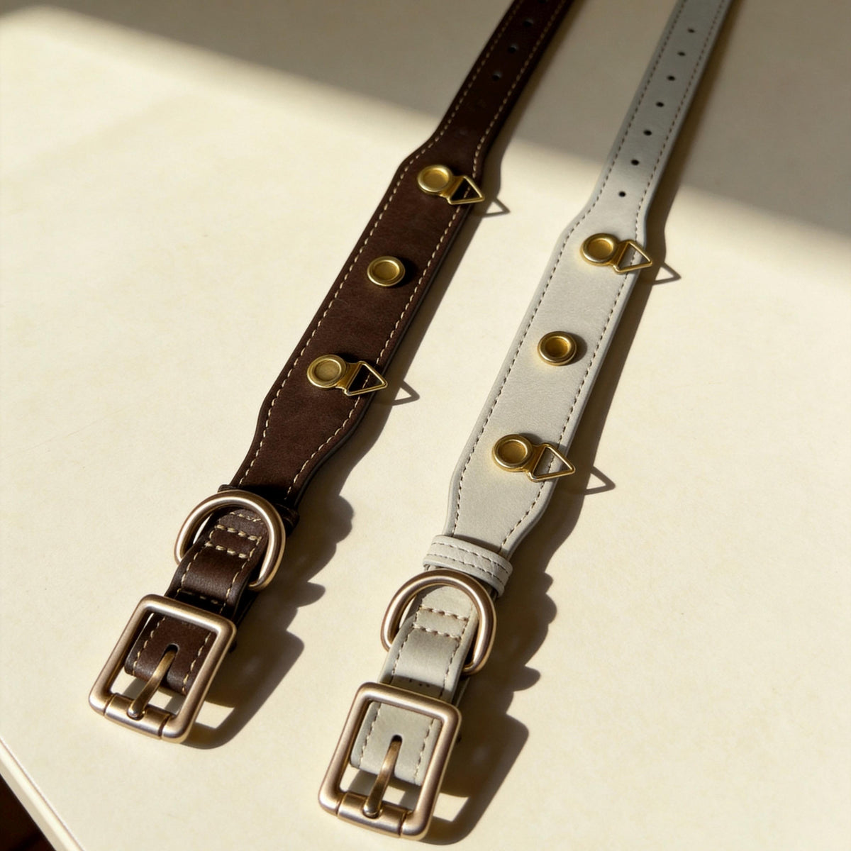 Back view of brown leather-style cat collar with gold-tone adjustable buckle and inner lining | DIYJade