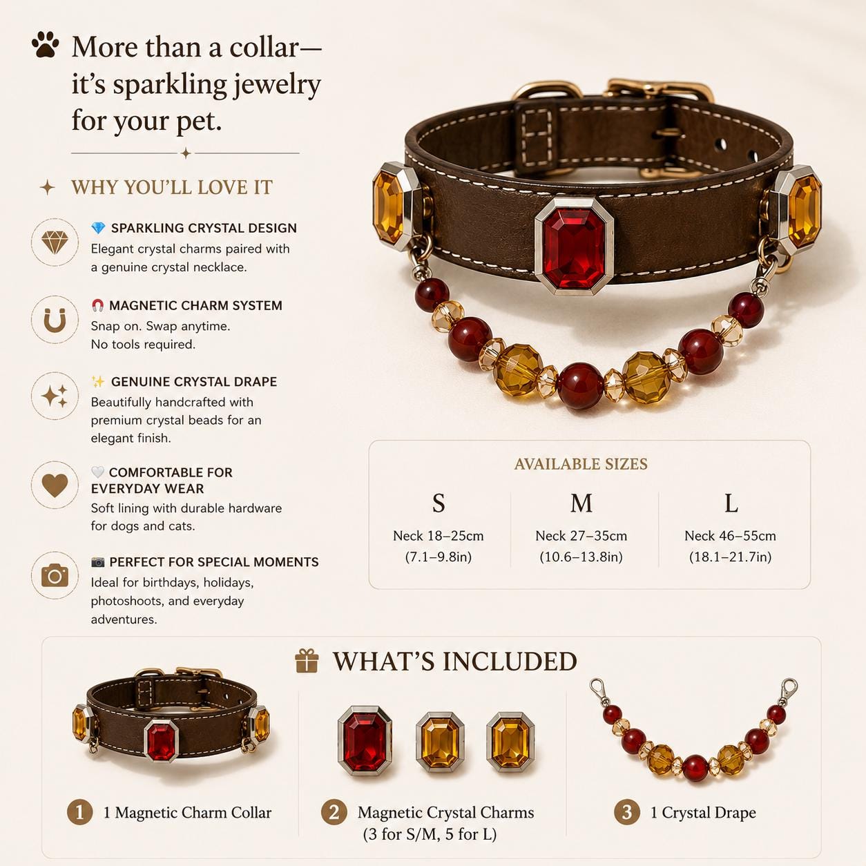Red gemstone amber bead cat collar size chart with adjustable neck measurement and accessory details | DIYJade