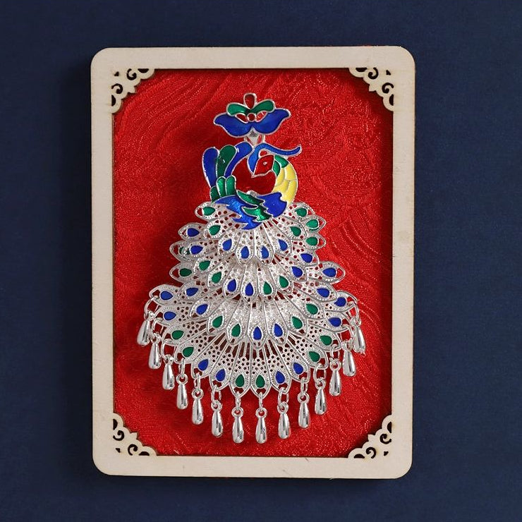 Red rectangular fridge magnet, colorful Miao peacock silver headdress replica souvenir