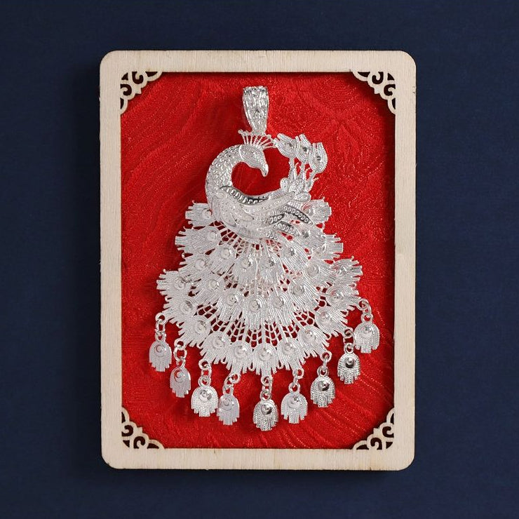 Red square frame fridge magnet, replica Miao ethnic silver necklace folk craft