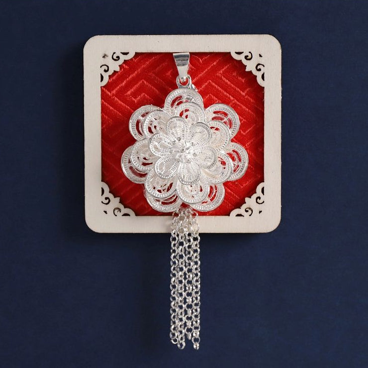 Red square wood fridge magnet, Miao silver floral pendant tassel handicraft