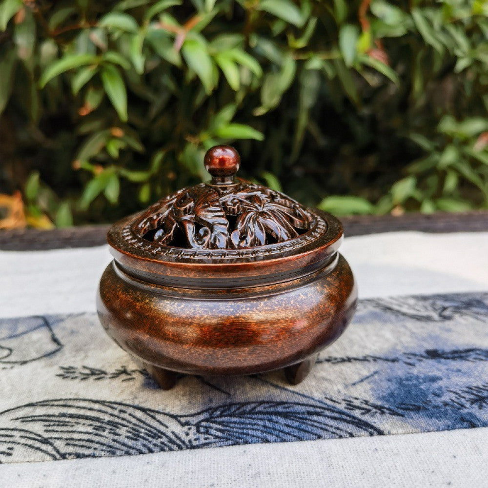 Reddish-brown incense burner with intricate carved lid, detailed openwork | DIY Jade