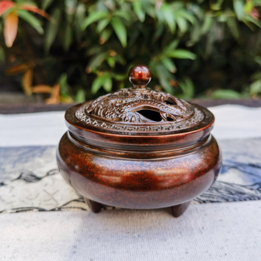 Reddish-brown incense burner with lotus-themed carved lid, elegant decor | DIY Jade